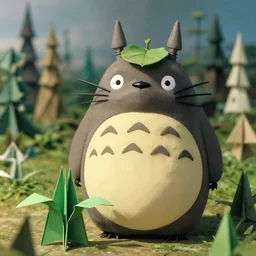totoro in film still with a full still life film still commercial extreme closeup photo of real - life intricate origami plant, eye contact, tilt shift zaha hadid real - life origami forests background, ghibli leaf hat insta filter, cinestill, 8 k