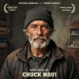 poster artwork by Michael Whelan and Tomer Hanuka, Karol Bak of Chuck Norris as the local homeless man in the small town who has a spiritual connection to the world and is the protector of the woods, from scene from Twin Peaks, clean