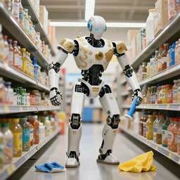 robot forces human to clean up aisle at walmart digital art, 3 d high definition, trending on artstation, photorealistic, high resolution, 8 k, octane, hyper detailed, trending on deviantart insane details, intricate, elite, ornate, elegant trend, highly detailed and intricate, sharp focus, photography, unreal engine