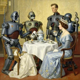 detailed Ivan Bilibin and Edmund Dulac and James Jean inspired painting of mech robots having tea with the queen of England in 1953.
