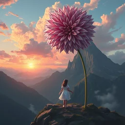 giant dahlia flower crown under head, girl walking on dramatic mountain, surreal photography, pink storm clouds, sunset, impressionist painting, digital painting, artstation, simon stalenhag