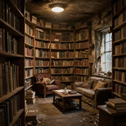 inside a cozy post apocalyptic library