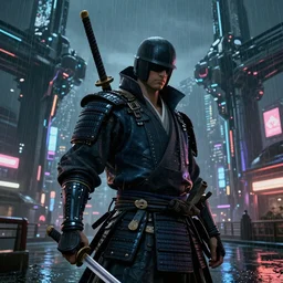 close view matte painting of a japan samurai, holding katana in right hand, cyberpunk city and huge mechanical bridges on the background, rainy night, neon glow concept art, smooth, sharp focus, illustration, cyberpunk 2077, neuromancer, scifi, photorealistic, octane render, 8k, by Peter Andrew Jones and Greg Rutkowski