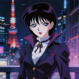 blurry and dreamy screencap of a character from 8 0 s horror anime, vampire woman with short hair and gothic makeup wearing dress suit with tie, satoshi kon anime, character design by yoshitaka amano and junji ito, glitchy vhs tape, night tokyo in the background, perfect blue color palette, noisy film grain effect, blurry image