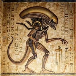 [ xenomorph ] [ giger ] [ alien ] from movie aliens painted on highly intricate ancient egyptian mural art, with many organized hieroglyphs
