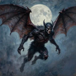 highly detailed expressionist oil painting of sinister male character from horror movie, his body is covered in bat fur, he has large wings, he flies on a moonlit night, intricate, fictional character, dynamic pose, top lighting, realistic shaded, pastel shades, expressively loose brush strokes, perfect face, 8 k realistic, hyper detailed, digital painting, artstation, concept art, hyper detailed