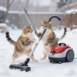 cat with a sword fighting a vacuum cleaner in the snow