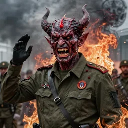 igor ivanovich strelkov became an bloody angry degraded satanic hellfire demon and calling for total mobilization, photo - realistic, color image, 2 k, highly detailed, bodyhorror, occult art
