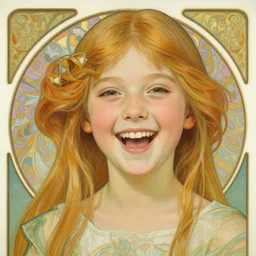 a detailed, intricate art nouveau portrait painting of a girl who resembles a cheerful, laughing, happy 1 8 - year - old saoirse emma ronan watson in a white satin gown, laughing loudly, smiling, by alphonse mucha, donato giancola, and john william waterhouse