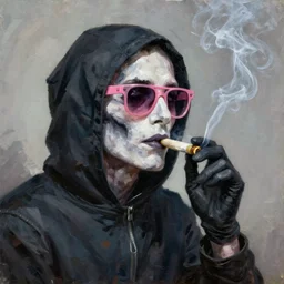 Grim Reaper smoking a joint wearing pink sunglasses oil painting of Sebastian Murphy