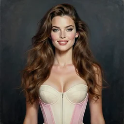 epic painting drawing, full portrait of a beautiful supermodel ( ( smiling lovingly ) ), long brown ( wavy ) hair in ivory and pink corset, photography by amy leibowitz, wlop, jeremy lipkin, beeple, intricate, symmetrical front portrait, artgerm, dark smoky background