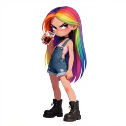 a attractive troll woman with rainbow hair, drunk, angry, soft eyes and narrow chin, dainty figure, long hair straight down, torn overalls, short shorts, combat boots, basic white background, side boob, symmetrical, single person, style of by Jordan Grimmer and greg rutkowski, crisp lines and color,