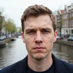 closeup portrait of unamused man, background nessie in an amsterdam canal, loch ness monster, photograph, natural light, sharp, detailed face, magazine, press, photo, steve mccurry, david lazar, canon, nikon, focus