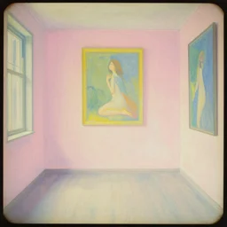 a lonely girl in an empty room, colored daguerreotype, by Mackintosh, by max Ernst, art noveau, bright pastel colors,