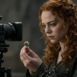 emma stone gollum holding the one ring, emma stone is smeagol, looking at the golden ring from lotr, the one ring to rule them all, 8k detail, hyper realistic, cinematic camera