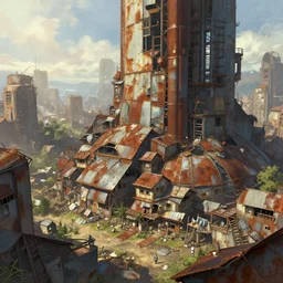 A professional digital painting of a far-future city, rust, corrugated metal, shanty town, by Greg Rutkowski and James Gurney, trending on Artstation