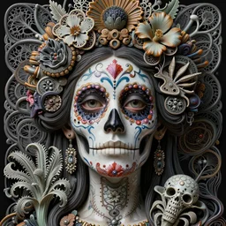 detailed realistic beautiful porcelain calaveras face goddess portrait by jean delville, gustave dore, iris van herpen and marco mazzoni, art forms of nature by ernst haeckel, art nouveau, symbolist, visionary, gothic, neo - gothic, pre - raphaelite, fractal lace, intricate alien botanical biodiversity, surreality, hyperdetailed ultrasharp octane render