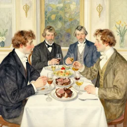 gentlemens dinner, masterpiece, meat, wine, schnapps, watercolor by anders zorn and carl larsson, art nouveau