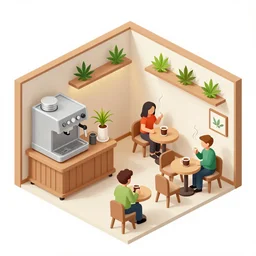 isometric cartoon of funky recreational cannabis cafe area, coffee machine, aluminum sheen, wooden furniture, people drinking coffee and smoking cannabis, only 2 tables chairs, 4 cannabis pots, by benoit mandelbrot, low poly cute minimal interior design concept art illustrated by anni albers