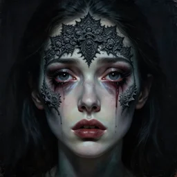 dramatic portrait painting of woman with large crying eyes with black mandelbrot fractal instead of face, in style of zdzisław beksinski, horror, body horror, dark, disturbing, nightmare, artstation, dramatic,
