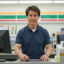 Tom Cruise working as a 7/11 cashier, macro, wide wide shot, very detailed, beautiful lighting