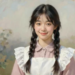 a ((sadly)) (((smiling)))) black haired, young hungarian servantmaid from the 19th century who looks very similar to (((Lee Young Ae))) with a two french braids, detailed, soft focus, pastel colours, law colours, realistic oil painting by  Ferenczy Károly, John Everett Millais, Munkácsy, Csók István, and da Vinci