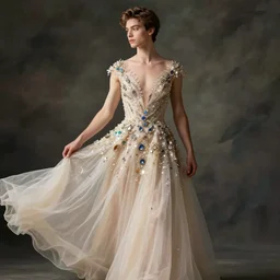 A very handsome young man is modeling a beauful and elegant prom dress, made to fit a male body, masculine pose.