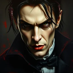 hyperrealistic artnouveau dark scary portrait oil painting of a seducing evilish vampire tom brady!!!! fine delicate details dark and blurry colors in style of michael hussar and alexandermcqueen