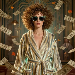 portrait, anthropomorphic 👽, striped bathrobe, curly hair, electric sunglasses, surrounded by floating autumn dollar bills, fantasy, detailed, intricate, luminescent, elegant, coherent, by mandy jurgens, hannah yata and kay sage, donato giancola, detailed, artstation, cinematic lighting, artdeco, art deco outrun aesthetic