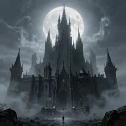 black majestic fantasy fortress under a pale moon engulfed in arcane fog trails in the style of marcin rubinkowski, greg rutkowski, lorenzo lanfranconi, oleg zherebin, trending on artstation, ultra wide angle