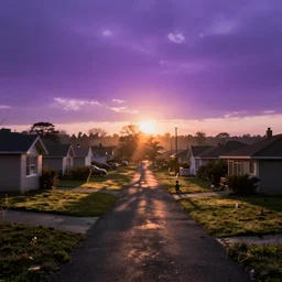 lonely nostalgic suburb at sun rise with purple sky