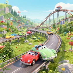 a fantastical world of cars driving on rollercoaster highways as imagined by walter wick