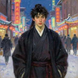 wuxia, winter, attractive male, neon light, chinatown, painting by gaston bussiere, craig mullins, j. c. leyendecker