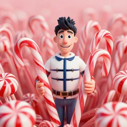 Waldo from Where's Waldo hiding in a field of peppermint candy canes, advanced digital art, intricate details, 8k