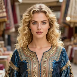 front editorial photo of dressed in silks european female in bazaar, blonde, curly hair, clean big eyes, symmetrical beautiful face, clean skin, jewelry, native costume and accessories,, fashion editorial photography, hyperrealistic, from vogue magazine, ultra realistic, artgerm, reflections, gold, teal, orange