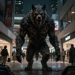 in the style of artgerm, rembrandt, rafael albuquerque, caravaggio, large hairy werewolf in a shopping mall at night, moody lighting, horror scary terror