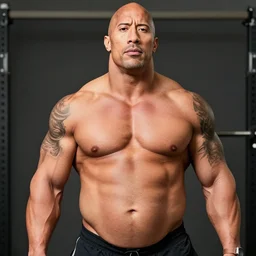 obese dwayne johnson holds exposed big belly for camera, looks at the camera