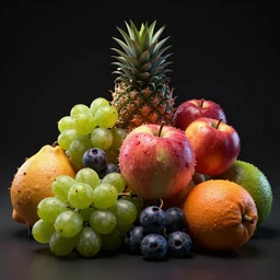 high quality product photography of colorful multiple fruits, volumetric dramatic light, dark black background, sharp focus, highly realistic, octane render, art by greg rutsowski