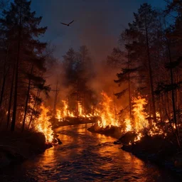 forest burning down with river passing through it night fire realistic
