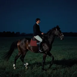 A photo of a man riding on a horse into the night by Roger Dean, 40 mm, cinematic, digital art