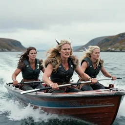 photo of beautiful angry viking women in speed boats invading scottland, hyperrealism, fujifilm velvia 5 0