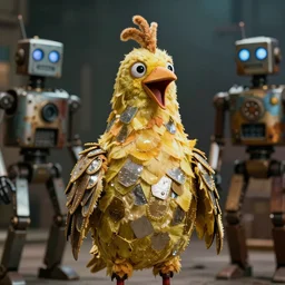 shiny ridiculous bird costume for stupid 1930s film about the end of the world with robots, high quality color photography 8k UHD