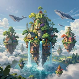 Planet overgrown, hanging houses, floating trees, colord waterfalls, alien whales floating in the sky, Greg Rutkowski, Darek Zabrocki, Karlkka, Jayison Devadas, Phuoc Quan, trending on Artstation, 8K, ultra wide angle, pincushion lens effect