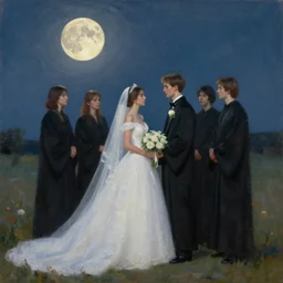 black robes at a wedding under a full moon, oil painting