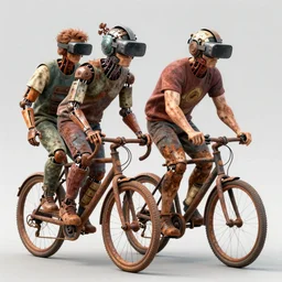 junky men riding on bike, cybertronic gadgets and vr helmet, durty colours, rotten textures, rusty shapes, hard surface, biotechnology, dariusz zawadzki, tim hildebrandt, wayne barlow, bruce pennington, larry elmore, oil on canvas, luminosity, deep depth field, masterpiece, featured on pixiv, cinematic composition, hyper - detailed, hd, hdr, 4 k, 8 k