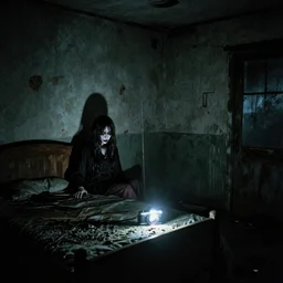 Photograph of an abandoned 1940s bedroom in Silent Hill, creepy monster from Ringu, dark, no lights, moist, taken using a film camera with 35mm expired film, bright camera flash enabled, award winning photograph, creepy, liminal space
