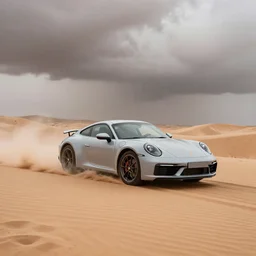 a sports magazine image a slick, new, and cool looking porche drifting down a sand dune in the Arabian desert during a monsoon dust storm, Haboob in the background w/ bolts of lightning striking the dubai desert, fantasy illustration, detailed painting, and deep color