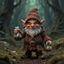 tiny evil alchemist gnome, brown tuffle coat, evil smile, flasks in hands, dnd, deforested forest background, grimdark, matte painting, by midjourney