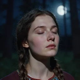 beautiful woman with her eyes closed, close - up face, walking in the forest at night. full moon. folk horror. hyper detailed. soviet propaganda socialist realism