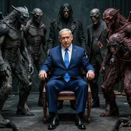 benjamin netanyahu tied to a chair, surrounded by mysterious creatures, by beksinski and wayne barlowe and ed binkley